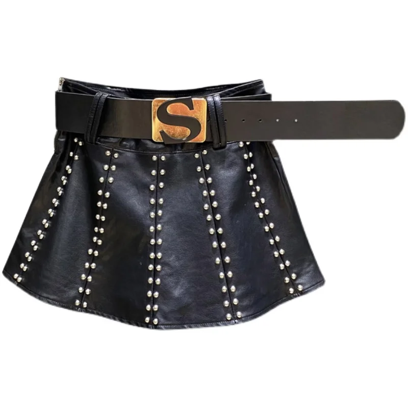 

Женская юбка-трапеция из ПУ кожи, с заклепками и высокой талией, весна-осень 2023