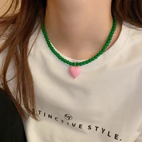 ins fashion pink color resin love heart pendant necklaces green beads pearls choker necklace for women mujer statement jewelry