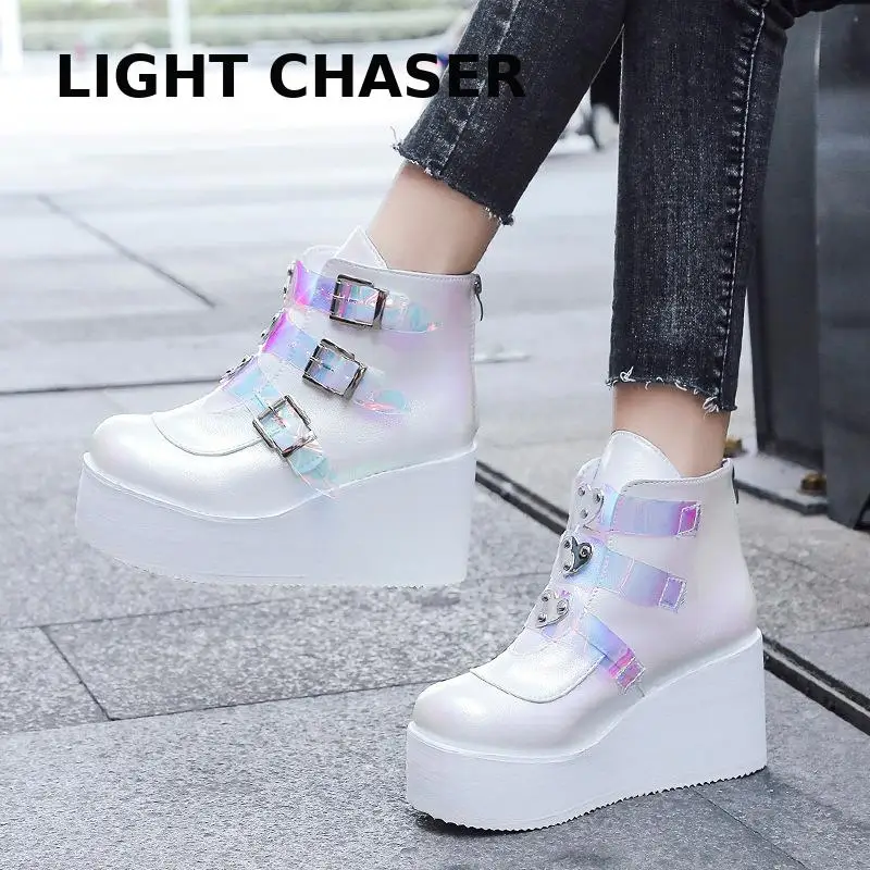 New Botas Women Motorcycle Ankle Boots Wedges Female Lace Up Platforms Spring Black Leather Oxford Shoes Women Botas Mujer 43