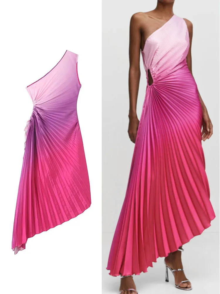 

TRAF Gradient Color Oblique Sholder Long Dress for Women Elegant Pleated Asymmetrical Chic Holiday Style Sexy Summer Dress