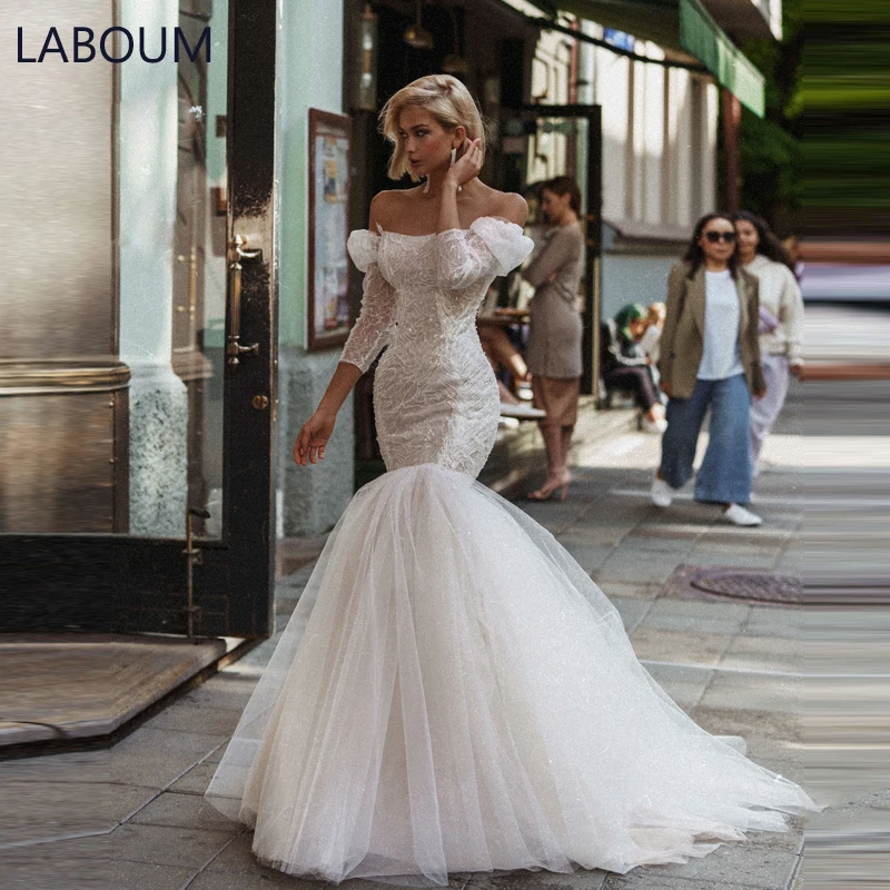 

Женское изысканное свадебное платье LaBoum с юбкой-годе, кружевное присборенное платье с открытыми плечами и шлейфом, свадебные платья с полурукавами, 2023