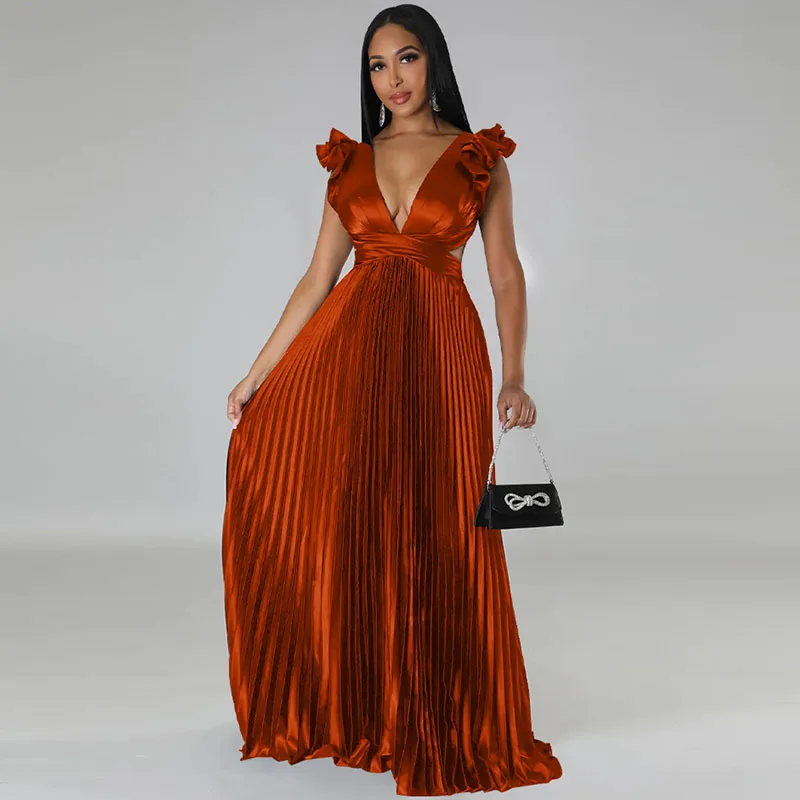 

Женское атласное плиссированное платье макси, элегантное вечернее праздничное Клубное длинное платье знаменитости с глубоким V-образным в...