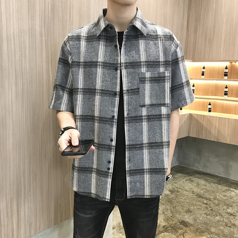 

Summer Plaid Shirt Men Hip Hop Checked Short Sleeve Shirt High Quality Spring New Oversize Streetwear Grey Retro Social Blouses