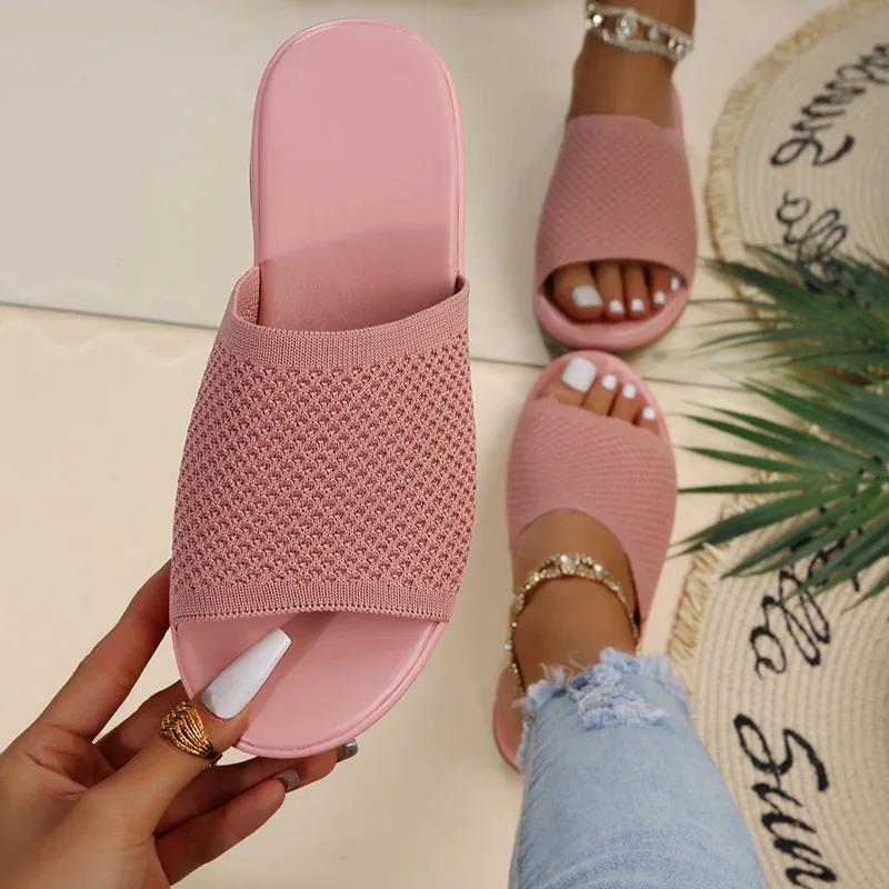 

2022 Summer Flying Woven Casual Slippers Large Size Solid Color Fish Mouth Wedge Heel One Word Women's Slippers Women's Shoes