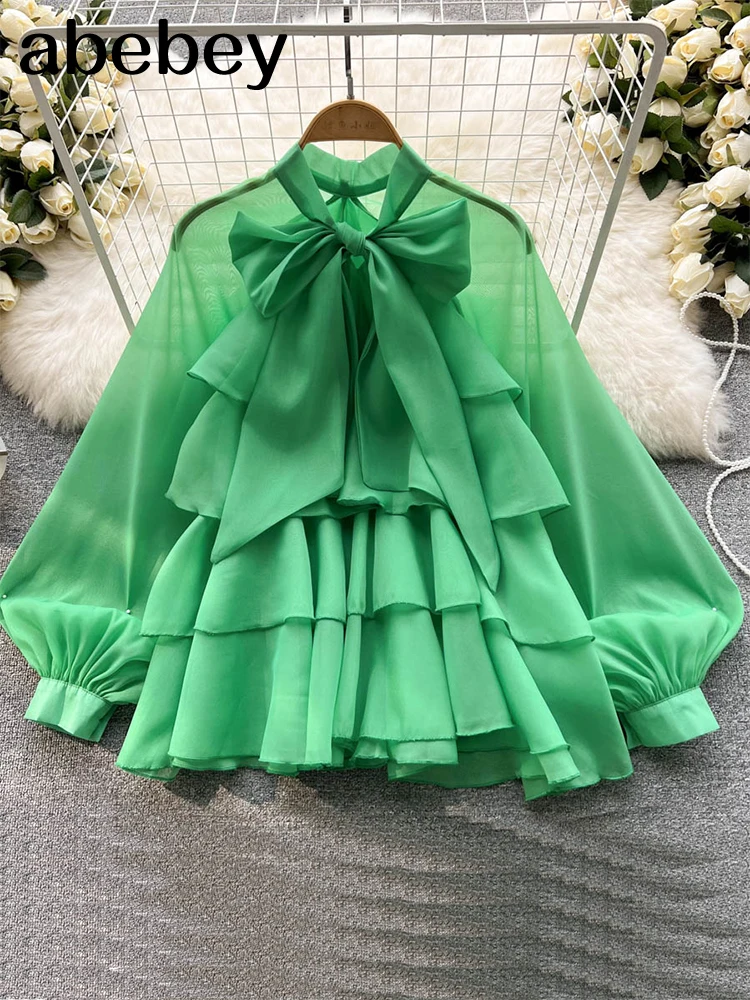 

Loose Ruffle Trim Shirt For Women Bow Collar Long Sleeve Solid Blouses Female Spring Fashion Clothes Style New 2022