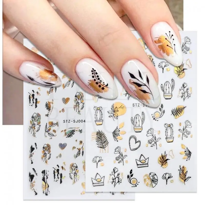 

Nail Art Sticker Adhesive Hot Stamping Leopard Print Black Gold Rose Gold Botanical Abstract Line Nail Decal