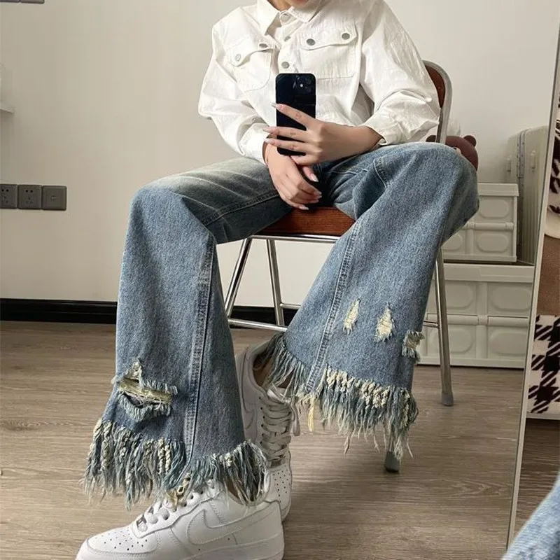 

Женские джинсы с бахромой, повседневные хлопковые брюки до щиколотки с вырезами, на пуговицах, модель P377 в Корейском стиле на лето