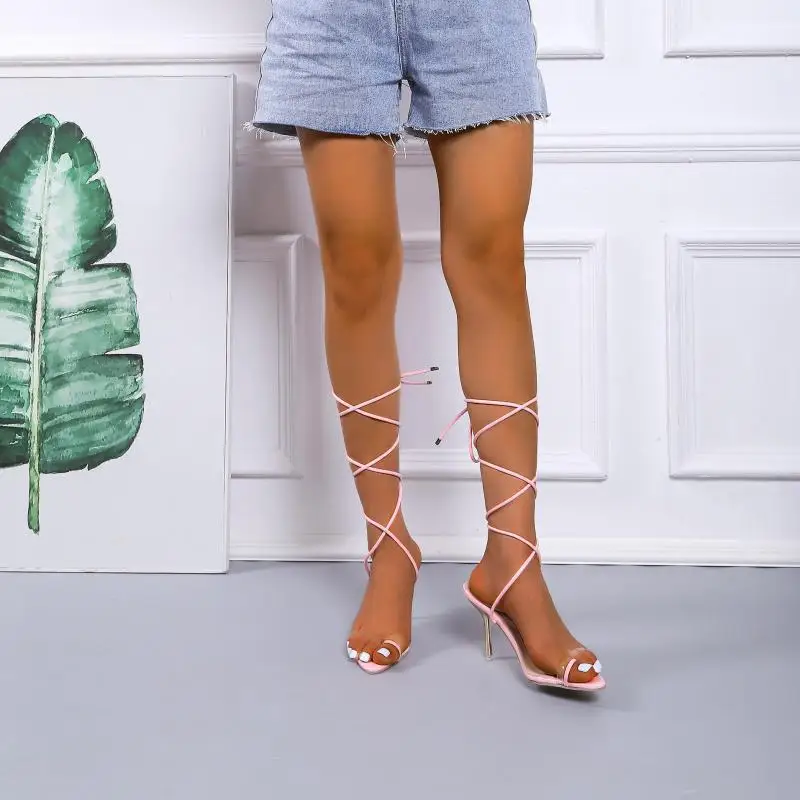 2022 New Summer Woman Shoes Sandals Pvc Pointed Toe Fashion Twining Ankle Metal High Heel Party Pumps Size 36- 43 Black White