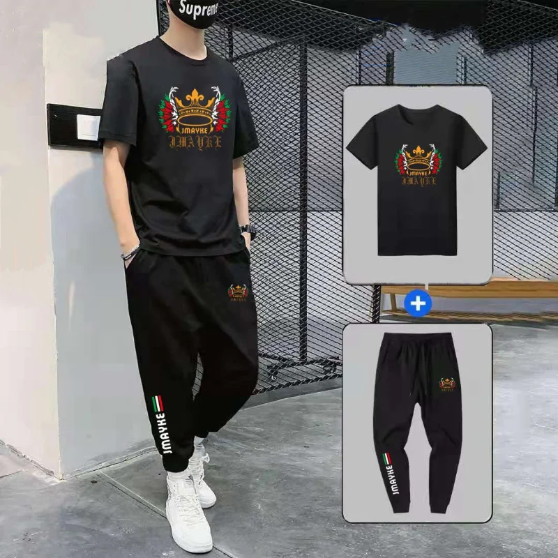 Summer Men's Suit Casual Cotton Short-Sleeved Trousers Two-Piece Youth Fashion Printed Sportswear Men's Trend