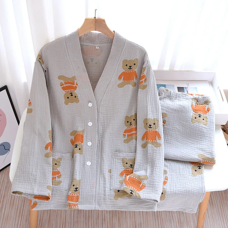4XL Nursing Pajamas V-neck Nursing Open Cardigan Long Sleeve Confinement Clothes Woven Cotton Crepe Thin Feeding Sleep Wear Home