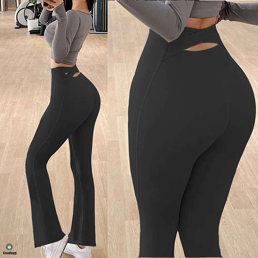 

2023 Women Nude Nylon Cross Back Yoga Leggings stomach Fitness Sports Flare Leggings Tight Gym Leggings Lift Hip Yoga Pants