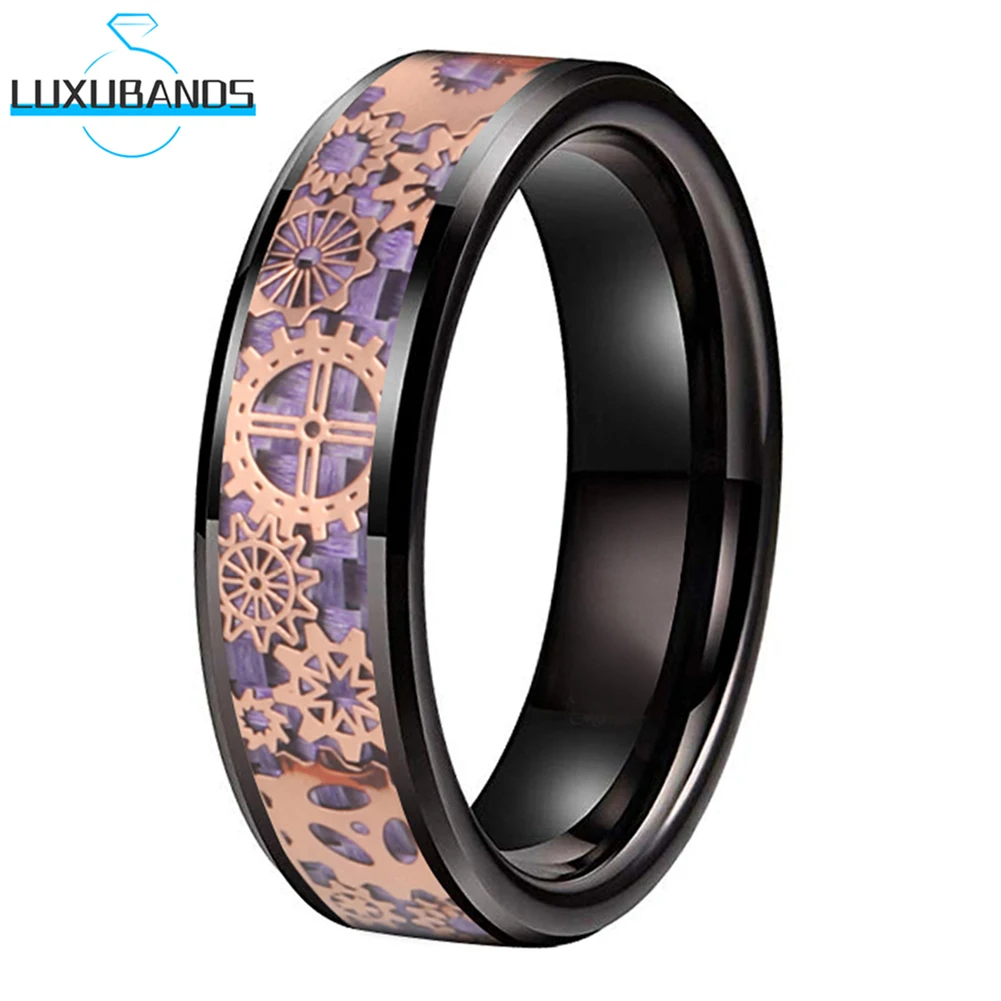 

6mm Tungsten Wedding Couple Ring Black Beveled 8mm Rose Gold Gear Blue Purple Carbon-Fiber Inlay Polished Finish Comfort Fit