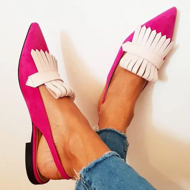 2023 Flat Heels Mules Shoes Pointed Toe Back Strap Women Sandals New Spring Summer Slip-on Lightweight Tassel Female Shoes