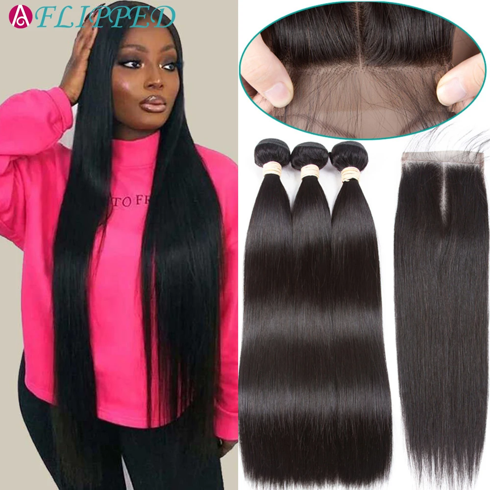 Straight Bundles With Closure Human Hair Peruvian Hair Weave Straight Extension With 5x5x1 Closure For Women 36 38 40 Inch Long