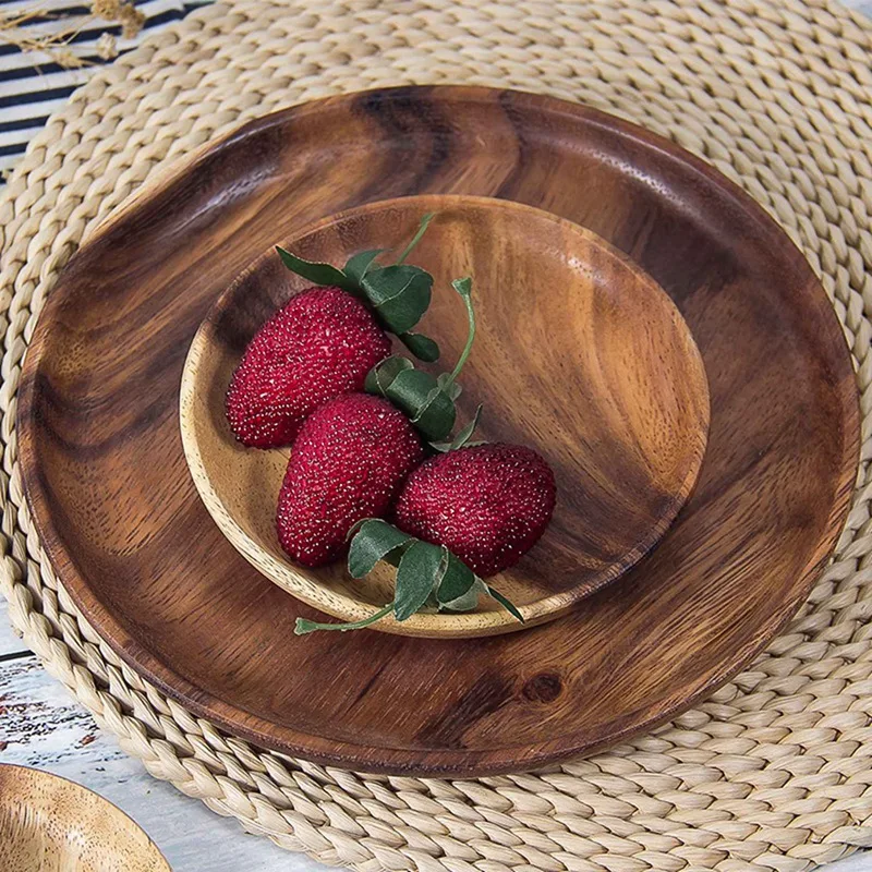2X круглая твердая деревянная доска цельная тарелка для фруктов из акации чая
