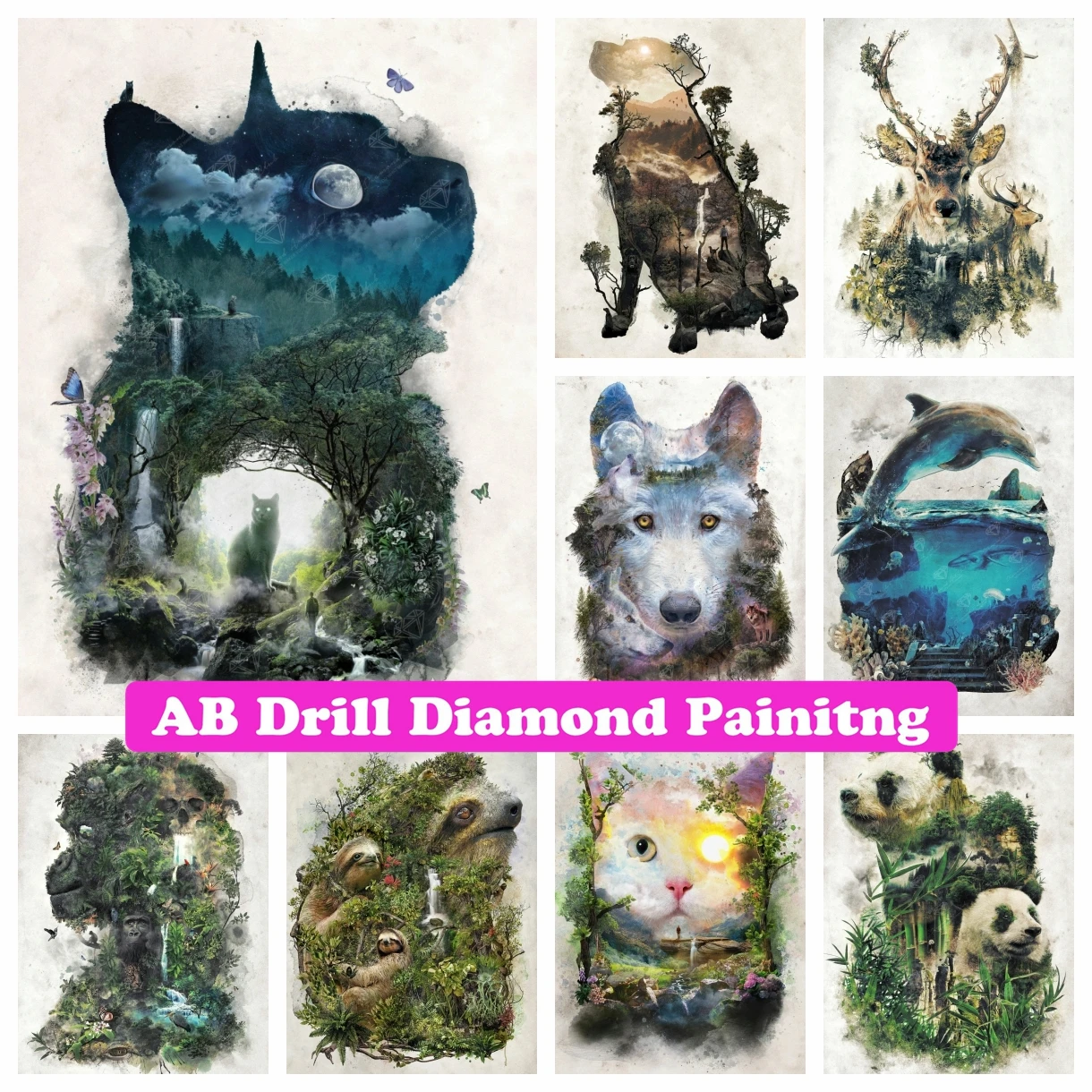 

The Realm of The Animal Forest 5D DIY AB Drills Diamond Painting Embroidery Cat Wolf Dolphin Panda Cross Stitch Room Decor Gift