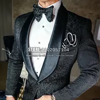 Black Wedding Suits Slim Fit Groom Wear Blazer 2 Pieces Satin Lapel Floral Jacquard Jacket+Pants Smoking Man Fashion Party Dress