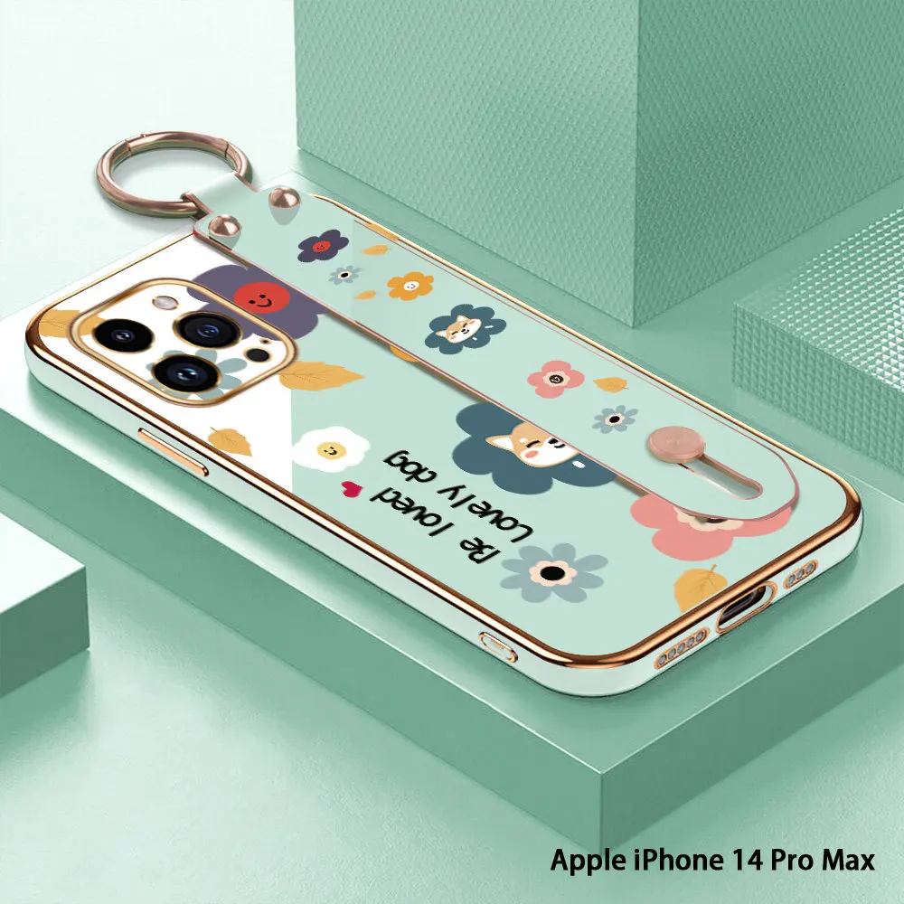 

(With Wristband) For iPhone 14 Pro Max 14 15 Plus 15 Pro Max 14Pro 15Pro Flower Back Cover Luxury Plating TPU Phone Case