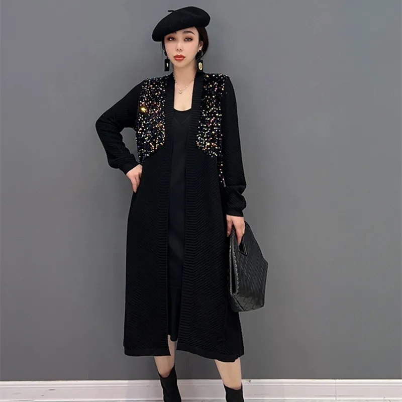 

Autumn Winter Sequins Patchwork Long Cardigan For Women V Collar Black Sweater Coat Casual Loose Knitted Outfit
