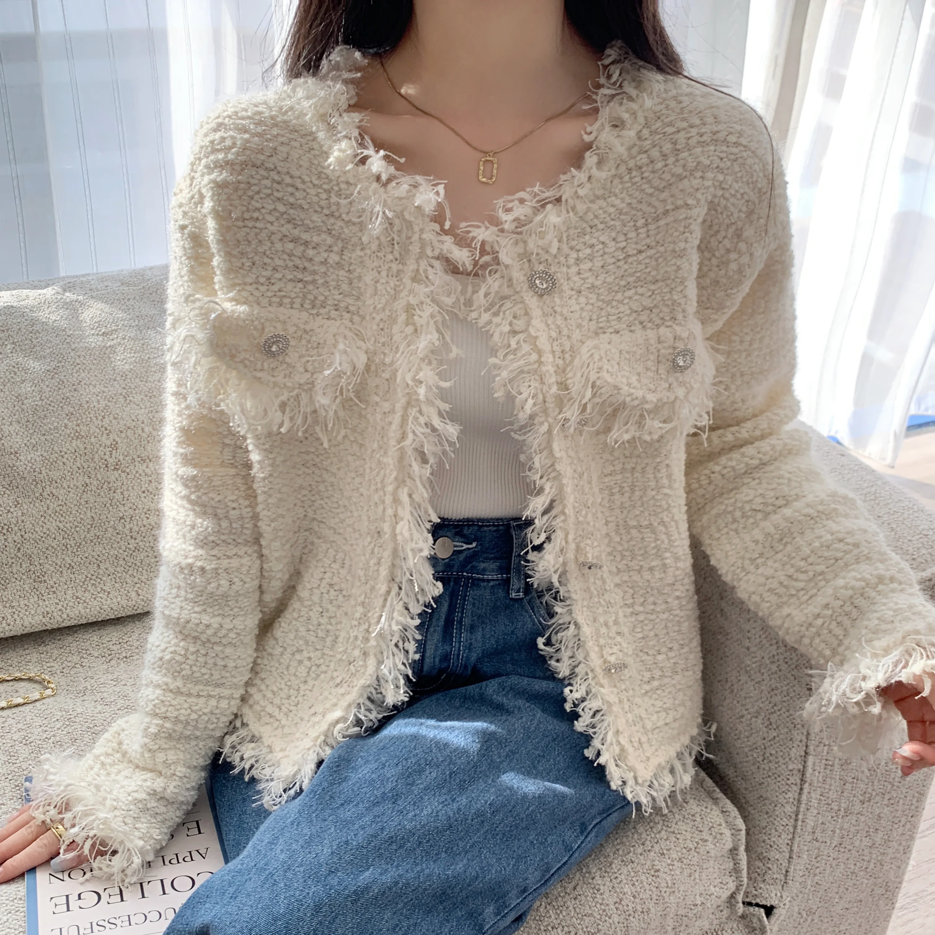 

COZOK Korean Version Of Tassel Autumn And Winter New Women's Open-Lined Sweater Thick Line Fashion All-Match Knitted Jacket