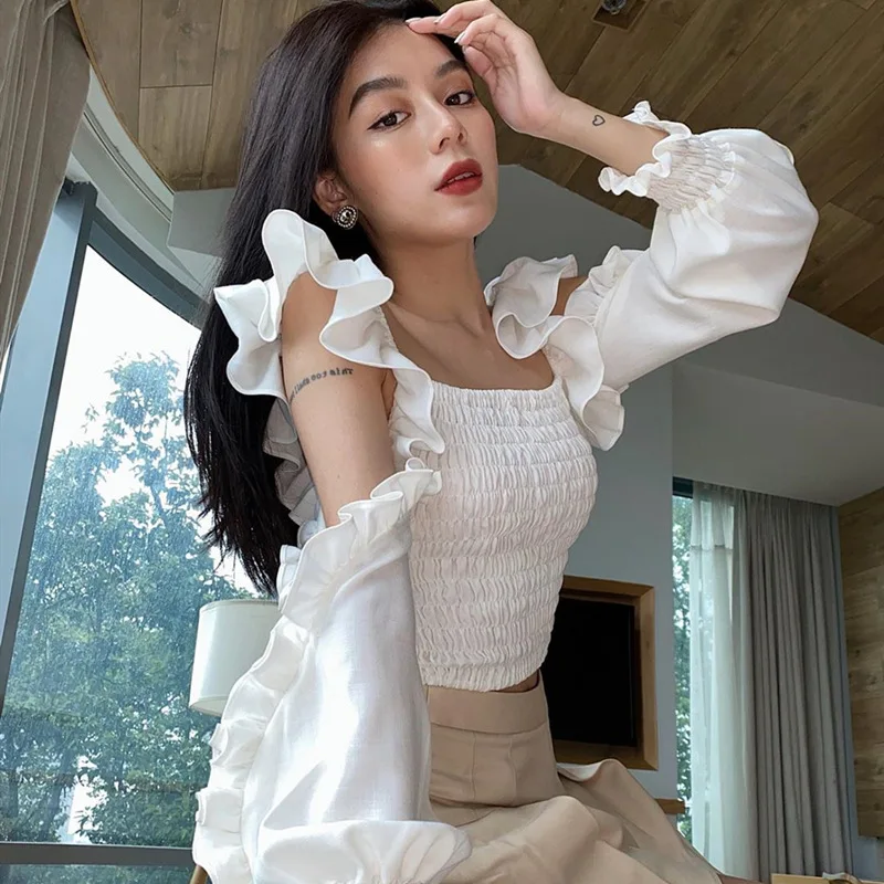 

White Women's Top Fashion Hollow Ruffled Square Neck Long Puff Sleeve Top Autumn Ladies Club Party Casual T-shirt 2022 New