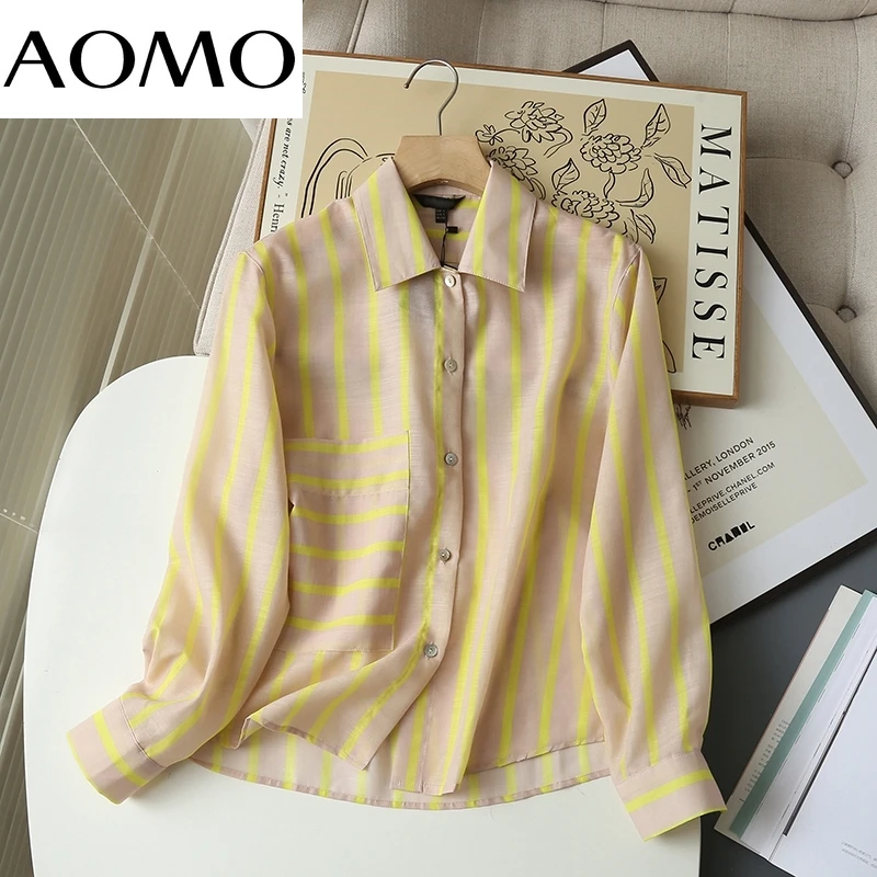 

AOMO 2022 Women High Quality Striped Cotton Linen Shirt Blouse Long Sleeve Chic Female Office Lady Tops 6D22A