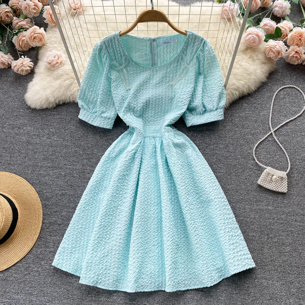 

Summer New Princess Court Women Fashion Round Collar Short Sleeve Jacquard A-line Short Dress Solid Color Casual Vestidos E671