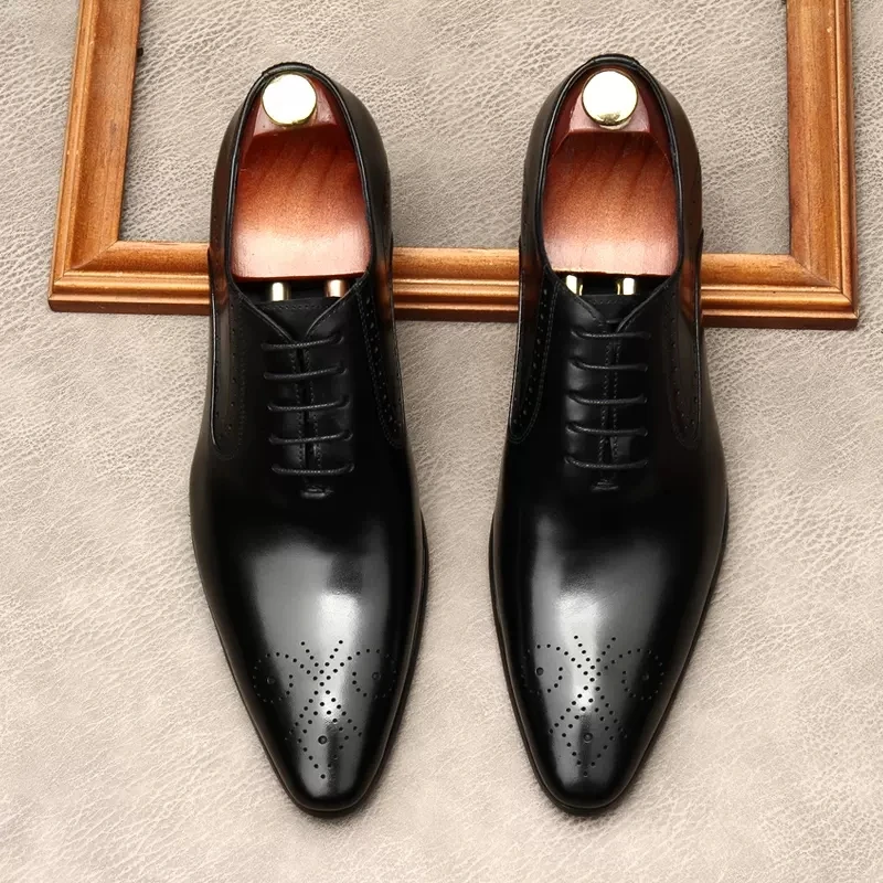 

New Business Shoes Men Oxford Genuine Leather Dress Shoes Lace Up Italian Formal Wedding Black Coffee Color Party Shoe Men
