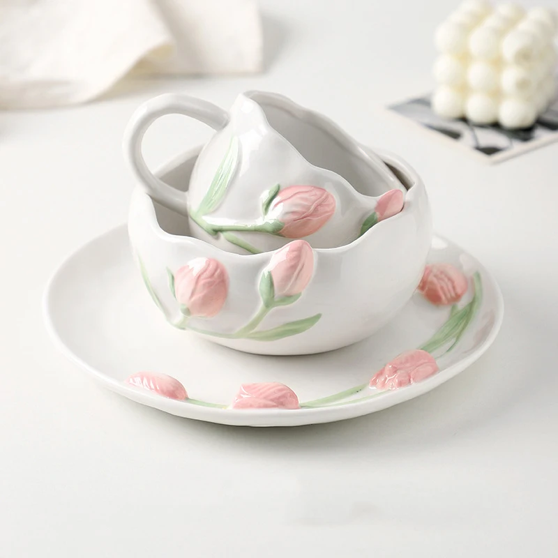 

3pcs Tulip Ceramic Cup and Saucer with Plate Bow three-Dimensional Water Cup High-Value Coffee Mug Design Niche Tableware Set