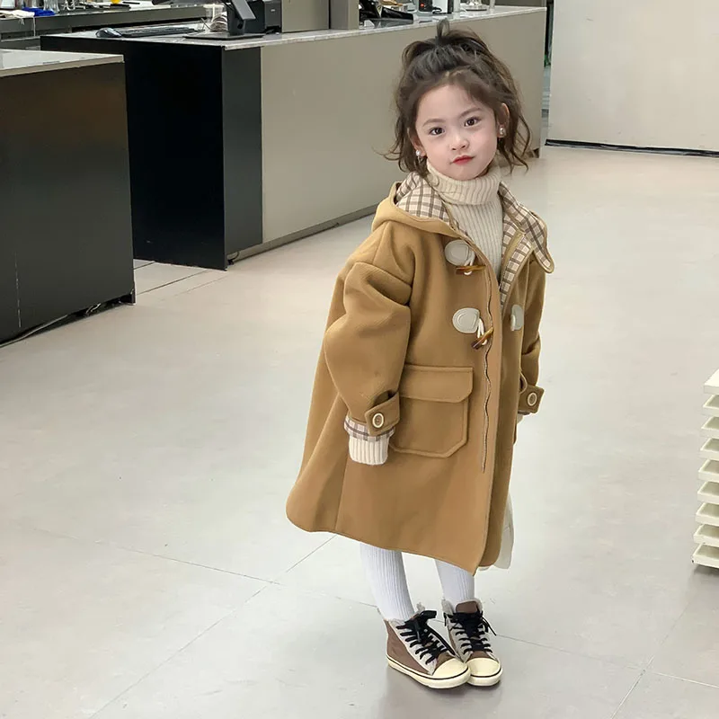 

Новинка 2022, зимнее клетчатое пальто с круассанами, длинное пальто средней длины с капюшоном, верхняя одежда для маленьких девочек 2-146