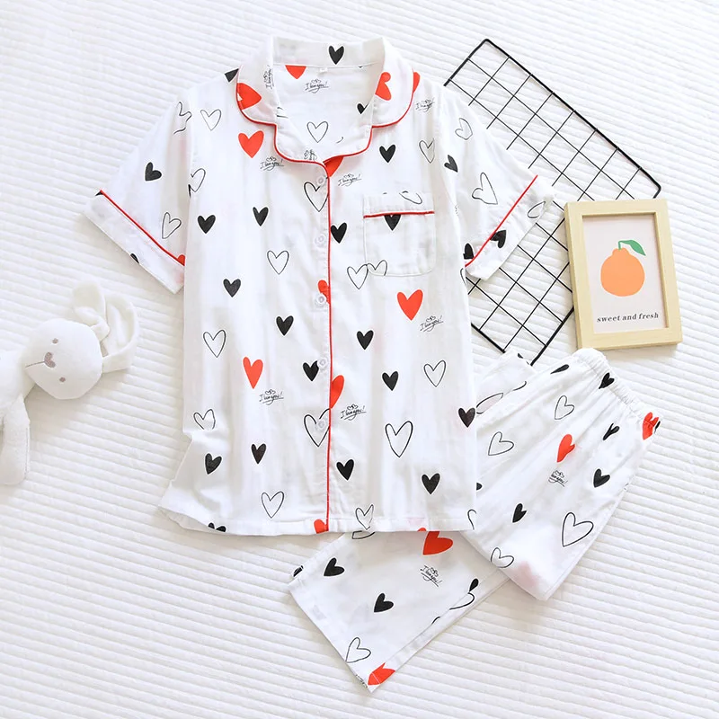 Японский новый стиль летние женские 100% хлопок марлевые пижамы набор сладкий и