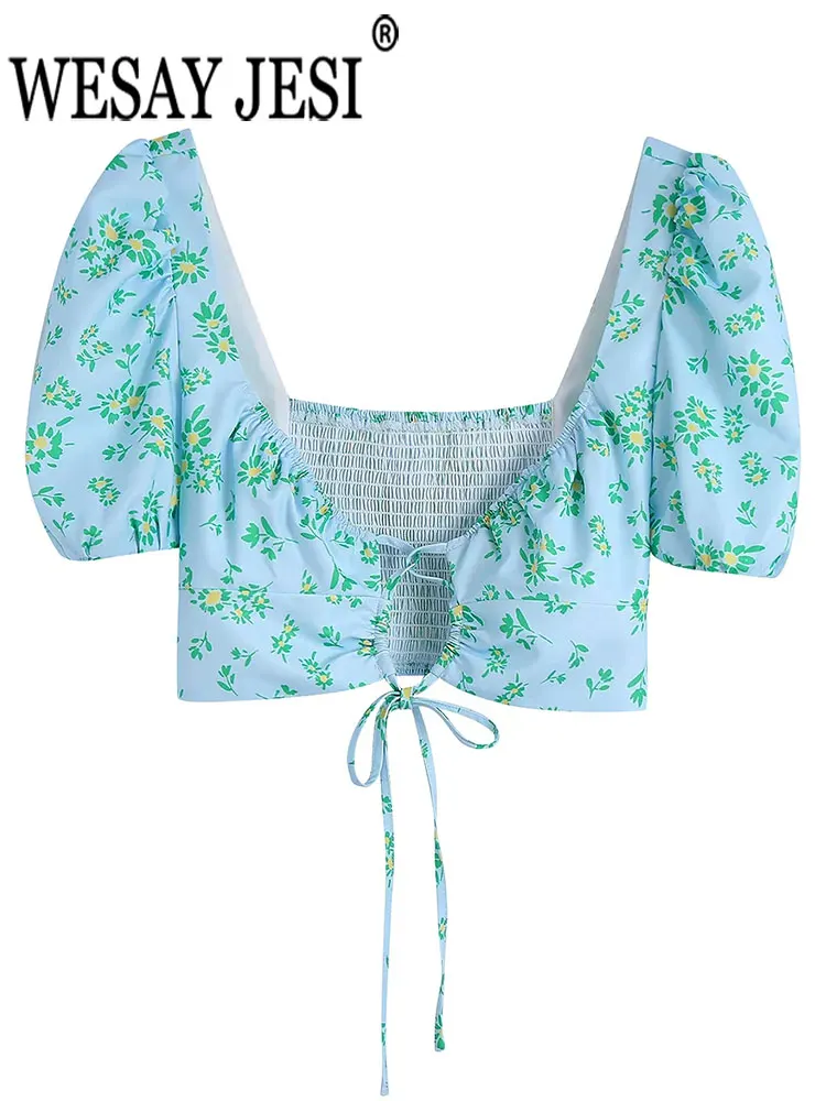 

WESAY JESI летний короткий топ с цветочным принтом Топ-труба жилет с рукавами-фонариками тонкий сексуальный с открытой спиной эластичный галсту...