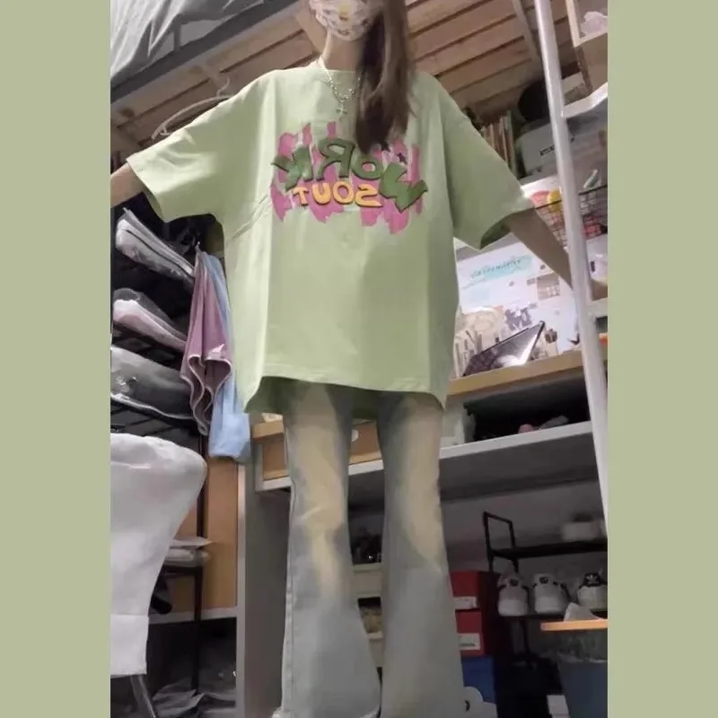 Salt System Wear A Complete Set Green Short sleeve T-shirt Women Summer Slightly Flared New Loose Jeans Two-piece Suit