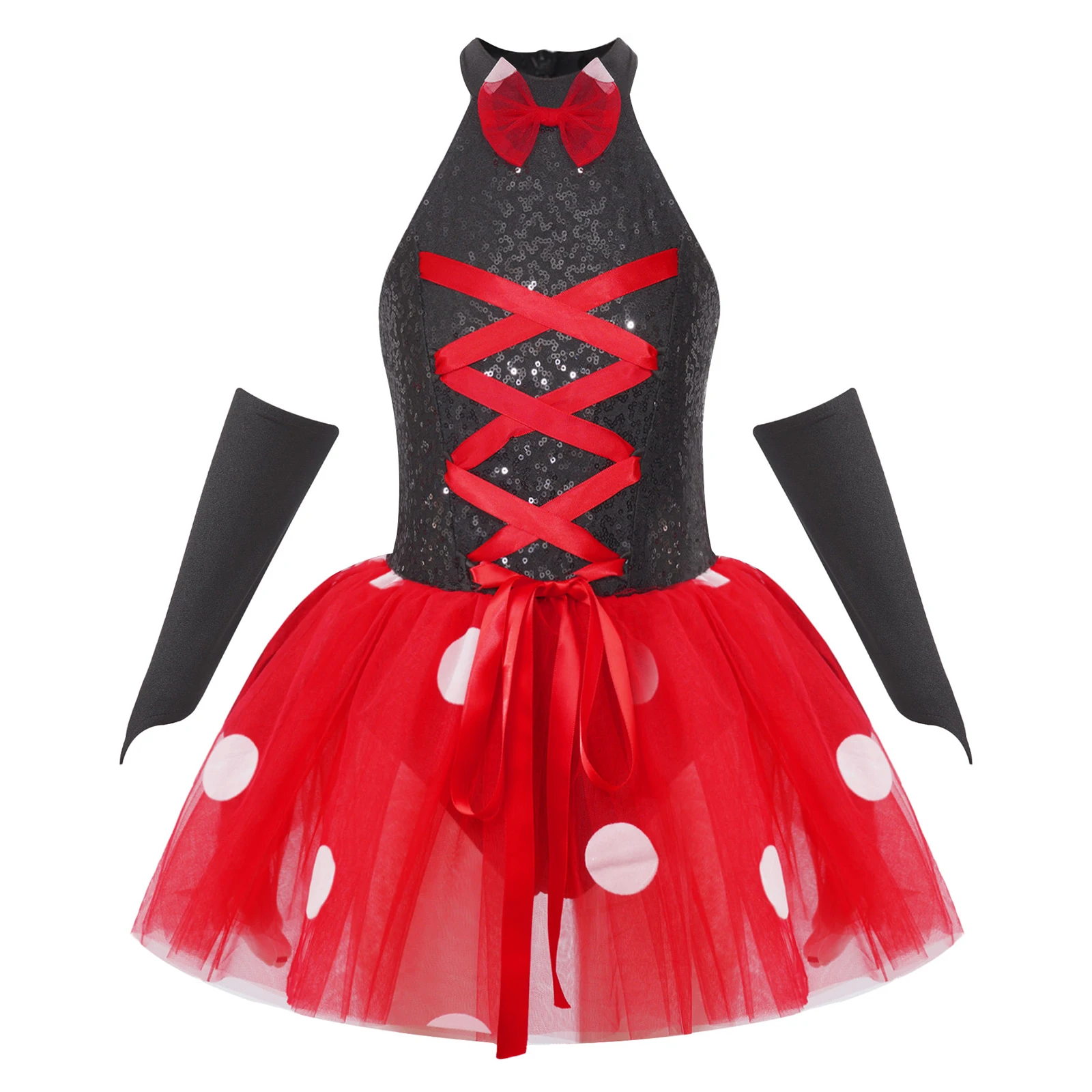 

Infant Child Girls Character Cosplay Charades Costume Halter Neck Sequins Lace-up Polka Dots Tutu Dress Bodysuit with Arm Sleeve
