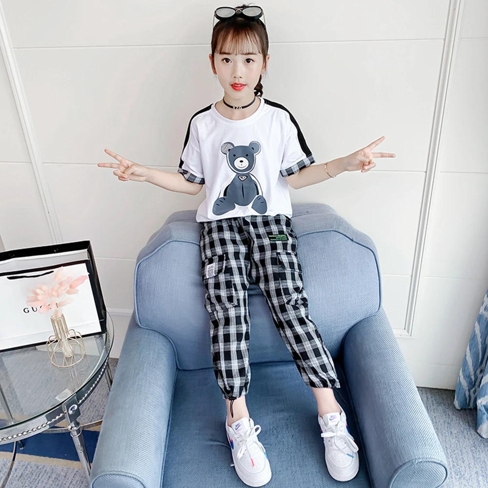 

Summer Clothes for Kids Girls Plaid Print Fashion Suit Thin Cute Casual Cartoon Bear Print Top Plaid Pants 2-piece Sets for Girl