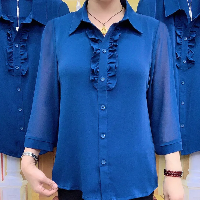 

Button Down Chiffon Shirt for WomenDesign Sense Fashion Temperament New Royal Blue Fungus Lace Three-quarter Sleeve Shirt