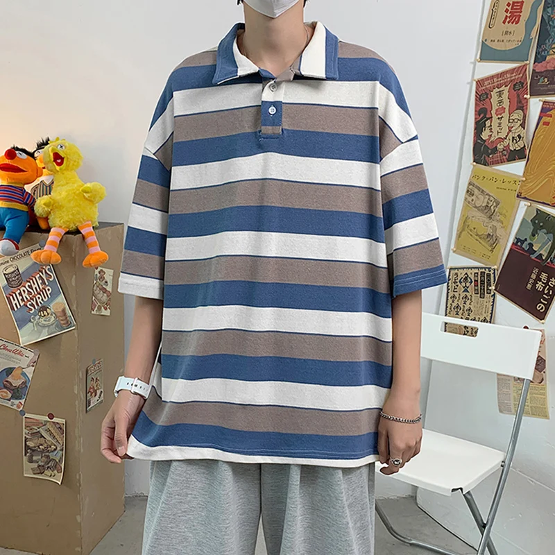 

2022 Summer Striped Men Short Sleeve Polo T Shirt Vintage Harajuku Fashion Japanese Streetwear Teenagers Oversized Gym Clothes