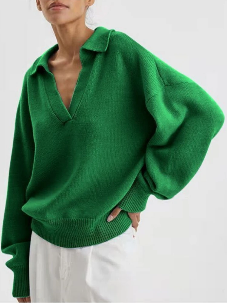 

Tops Women 2023 Autumn Winter Sweater V Neck Pullover Korean Clothes Temperament Commuter POLO Collar Long Sleeve Top Knitwear