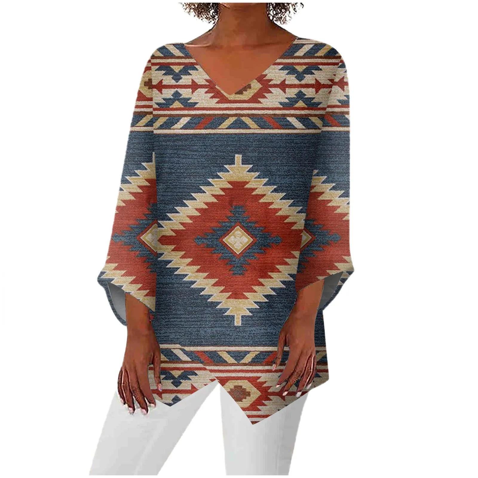 

Women'S Top Loose Casual 3/4 Sleeve V-Neck Under Spread Slit Printed T-Shirt Top Top Women Fashion Woman Blouse 2023 T Shirt