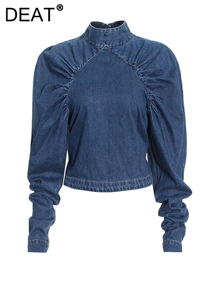 

DEAT Women's Denim Shirt Raglan Puff Sleeve Pleated Patchwork Blue Zipper Stand Collar Blouse 2023 Summer New Fashion 29L1459