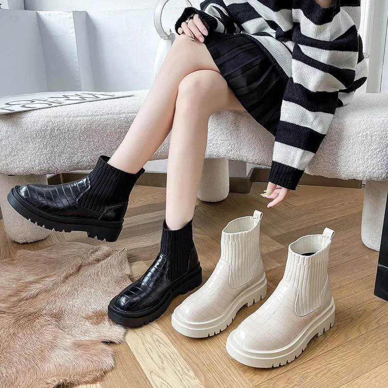 Large size women's short boots casual platform shoes autumn and winter new all-match nude boots elastic socks boots women'sshoes