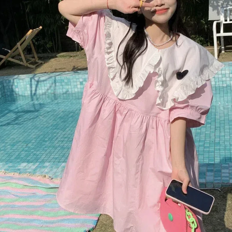 Женское платье с короткими рукавами однотонное свободное Повседневное в стиле