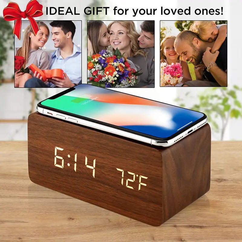 

Alarm Clock With For Qi Wireless Charging Pad Compatible With For Iphone Samsung Wood Led Digital Clock Sound Control Function,