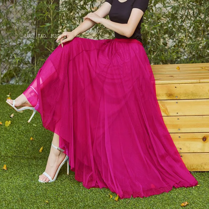 

Юбка-макси Женская трехслойная, Тюлевая сетчатая длинная юбка принцессы, элегантная трапециевидная юбка с эластичной завышенной талией, на лето-осень