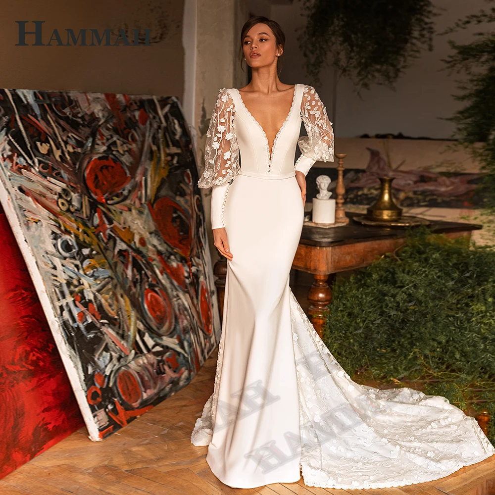 

HAMMAH Wedding Dresses For Women Trumpet Elegant Stain Lantern Sleeve Deep V Neck Lace Appliques Backless Sweep Train Customised