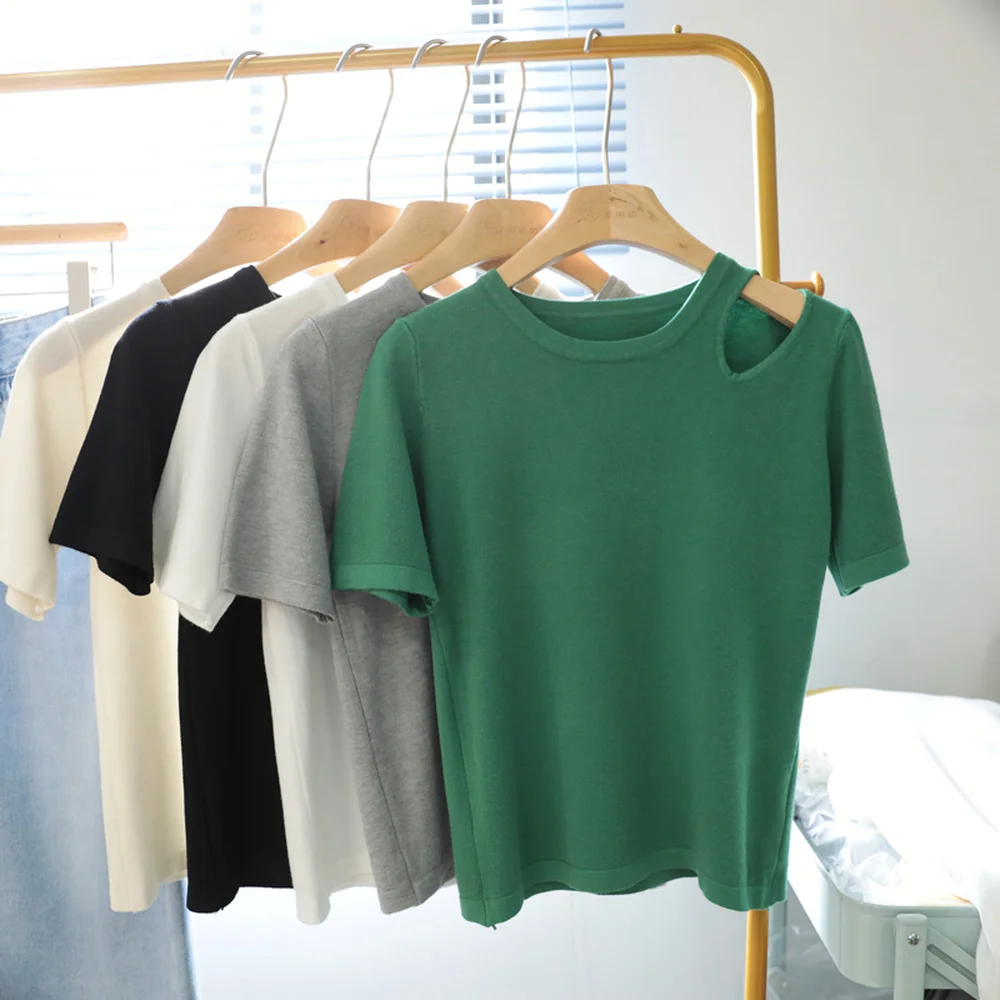 

Облегающая футболка с вырезами и открытыми плечами, Тонкая матовая футболка с короткими рукавами, однотонная простая тонкая эластичная фут...