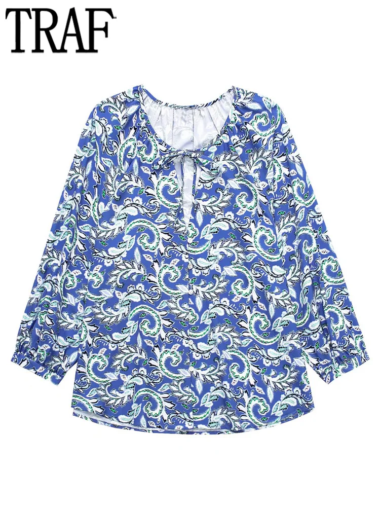 

TRAF Blue Print Boho Blouses Women Oversized Shirt Women Long Sleeve Loose Top Female Streetwear Chic Summer Blouses Woman 2022