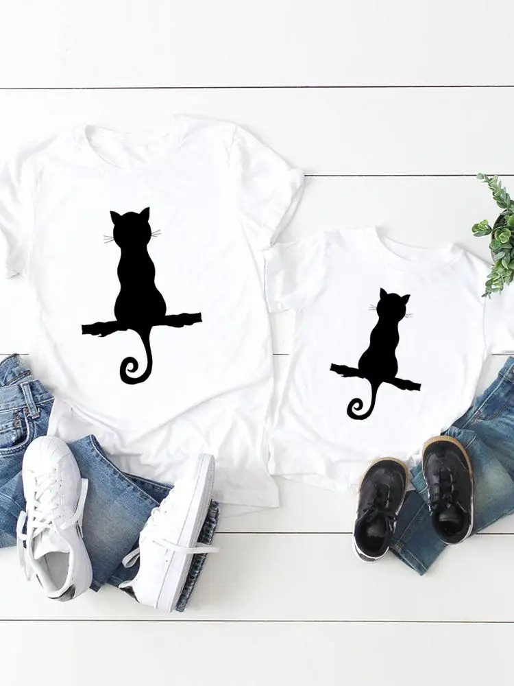 

Graphic T-shirt Tee Women Child Kid Clothing Boy Girl Summer Cat New Trend Lovely Mom Mama Clothes Family Matching Outfits