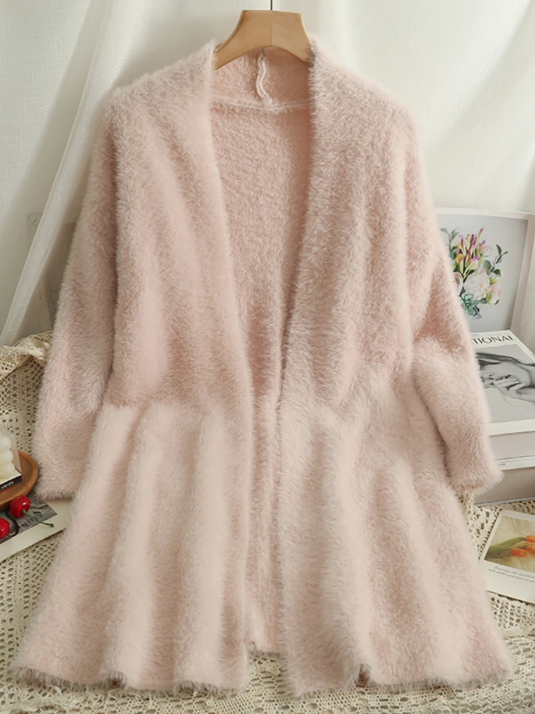 

Korejepo Medium Length Buttonless Cardigan New Autumn Winter 2022 Long Sleeve Sweater Top Loose Soft Pink Casual Sweaters