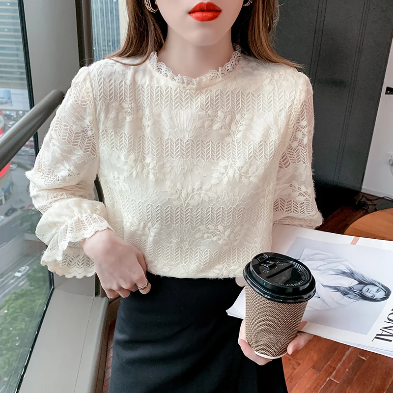 

Шифоновая женская блузка, кружевная рубашка с круглым вырезом для девочек, летний модный топ с длинным рукавом, свободная повседневная Полн...